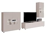 Mirjan24 Moderne Wohnwand Calabrini VII mit Kommode, Anbauwand, Mediawand, TV Lowboard, Hängevitrine, Wohnzimmerschrank, Fernsehschrank (mit weißer LED Beleuchtung, Cashmere)