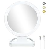 Varsoul LED Foldable Travel Makeup Magnifying Mirror - 7 inches 3 Colors Light Modes USB Rechargeable Touch Screen, Portable Tabletop Cosmetic Mirror for Travel, Cosmetic, Office (White)