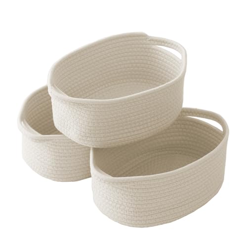 Image of JMvicyroam Small Woven Basket, Empty Gift Basket, White /3 Pack | Small Gift Basket, Cotton Rope, 12 x 8 x 8 in, Handles, Includes Ribbon and Bag, Birthday Gift Basket