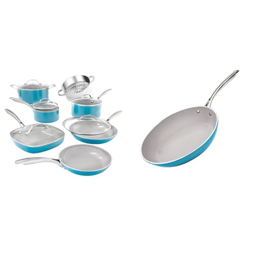 Gotham Steel Aqua Blue Pots and Pans Set, 12 Piece Nonstick Ceramic Cookware, Includes Frying Pans & 12 Inch Frying Pan Skillet, 12 Inch Nonstick Frying Pan Skillet with Ceramic Coating