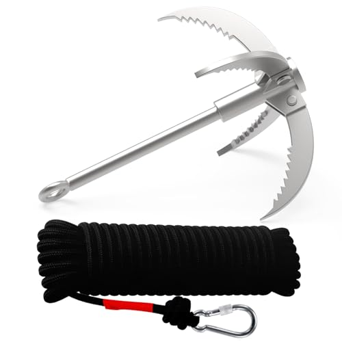 Ant Mag Grappling Hook Stainless Steel Claw Carabiner with 20m/65ft 8mm Auxiliary Black Rope for Camping Hiking Tree Grabbing and Water Lifting Salvage