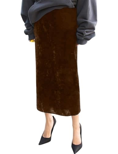 Ylingjun Women's High Waisted Long Velvet Skirt Pencil Skirt with Slit