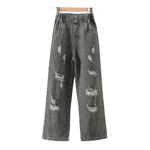 Girls Ripped Wide Leg Jeans Denim Elastic Baggy Kids Button Jeans Casual Pocket Pants Age 5-142