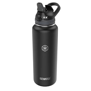 ICEWATER-40 oz, Insulated Water Bottle With Straw and Carry Handle, Leakproof Lockable Lid with Soft Silicone Spout, One-hand Operation, Double Walled Vacuum Stainless Steel, BPA-Free (40 oz, Black)