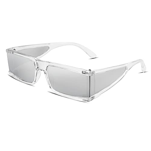 Vanlinker Cool Rectangle Sunglasses For Women Men Cyber Y2K Shield Flat Top Futuristic Sun Glasses Trendy Side Lens Shades Clear Frame Silver Mirrored Reflective Lens Vl9640 #TOP18