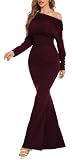 DinyIn Women's Burgundy Formal Dresses Sexy Long Sleeve Evening Gown Elegant Off Shoulder Bodycon Wedding Guest Dress,Burgundy Large