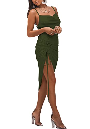 Image of LYANER Women's Satin Spaghetti Straps Cowl Neck Sexy Ruch Cocktail Midi Dresses