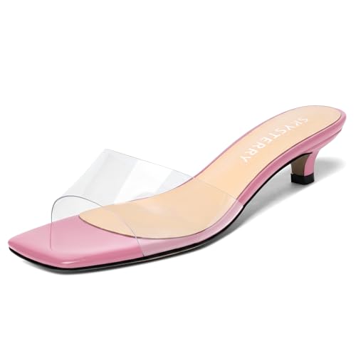 SKYSTERRY Pink Women's Clear Strap Kitten Heeled Mules Size 10.5