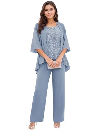 Infuness 3 Teilig Brautmutter Hosenanzug für Hochzeit Pailletten Chiffon Hosenanzug