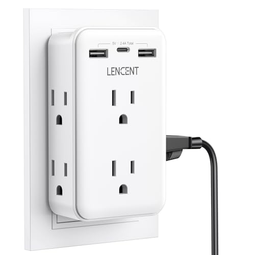 LENCENT 2 to 3 Prong Outlet Adapter 2 Prong Outlet Extender with 6 AC Sockets 3 USB Ports(1 USB C) 3-Sided Wall Plug Splitter 1875W Max Compact Adapter for Non-Grounded Outlets in Old Houses