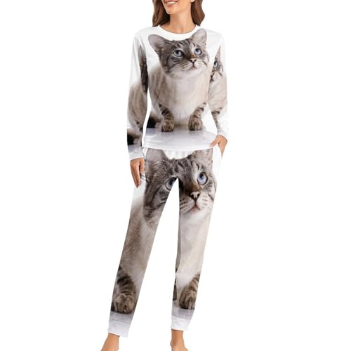 Pyjama femme gros chat sleepwear ensemble t-shirt manches longues et pantalon