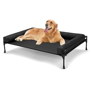 Veehoo Elevated Raised Dog Bed-Cooling Outdoor Dog Cot Bed for Large Sized Dogs Three-Sided Fence Raised Pet Cot with Mesh & No-Slip Feet Dog Hammock Bed with Removable Bolster-41 x 27″ Black