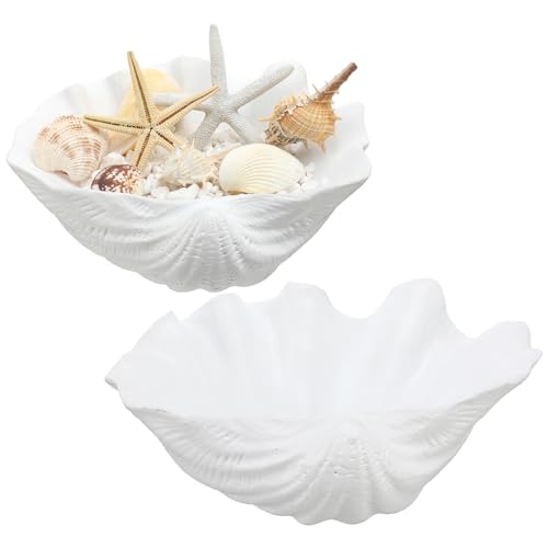 Maxcheck 2 Pcs Large White Seashells Oyster Decorative Bowl Resin Clamshell Nautical...