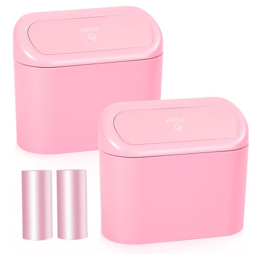 NBTEPEM Pink Car Trash Can with Lid - 2 Pack Mini Auto Garbage Can with 60 Trash Bags Leakproof Automotive Garbage Container Bin Multipurpose Organizers and Storage for Car Home Office (Pink)