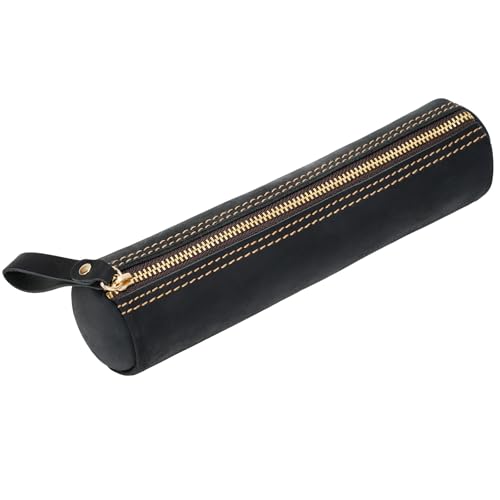 Image of ECHSRT Genuine Leather Pencil Pouch, Classic Cylinder Pen Bag - Black | Full-Grain Cowhide Leather, Crazy Horse Finish, Single Zipper, Vintage Pen Organizer for Adults