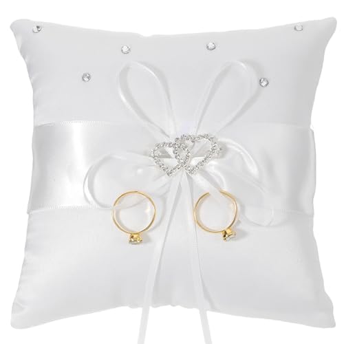 HJZHII Wedding Ring Pillow, 5.7x5.5 Inch Rhinestones Bow Ring Pillow Holder Lace Rings Bearer Pillows Cushion for Ceremony Party Anniversary