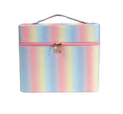 STRIPES Shiny Glitter Makeup Organizer Bag for Travel, Large Vanity Box, Makeup Box Cosmetic Case with 5 Compartments 2 Layer Tray (Multi Color)