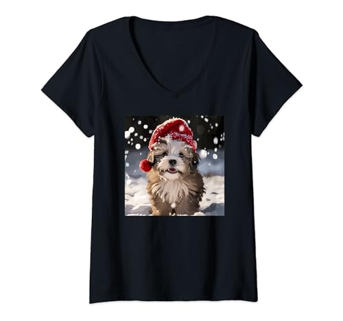 Lhasa Apso cachorro jugando en la nieve Navidad Camiseta Cuello V