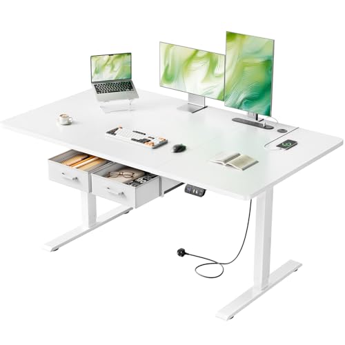 Precision Synergie Electric Standing Desk with 2 Drawers, 140 x 80 cm Height Adjustable Standing Desk with Power Outlets and USB Ports, Sit Stand Table with Memory Smart Pannel for Home Office, White