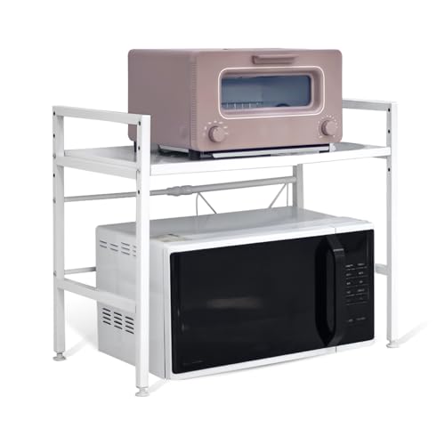 HomeDemeur 拡張可能電子レンジラック - 耐久性のあるカーボンスチールスタンド カウンタートップ キッチン用品 収納整理 食器収納 電子レンジ棚 フック6個付き (ホワイト)