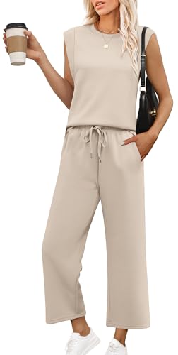 Two Piece Sets for Women Summer Luxury Women Fahsion Lounge Set Cruise Airport Going Out Outfits Trendy Cap Sleeve Wide Leg Beige S