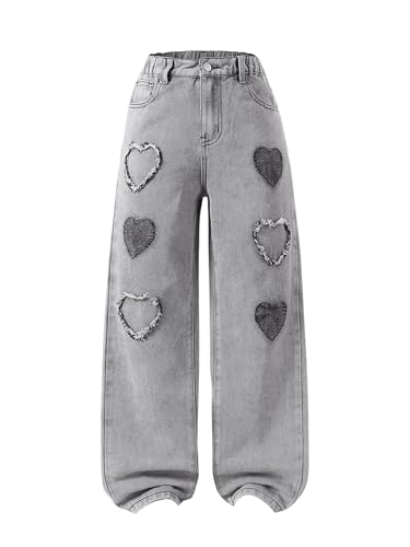 WDIRARA Girl's Heart Patched Elastic Waist Straight Leg Jeans Denim Pants