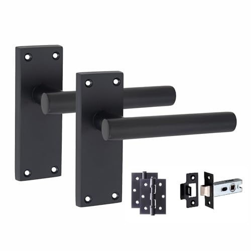 Golden Grace 1 Set of Victorian Straight T-Bar Handle Latch Door Handles Matt Black with 1 Pair of 3 Ball Bearing Hinges & Latches Pack Sets 120mm x 40mm Backplate