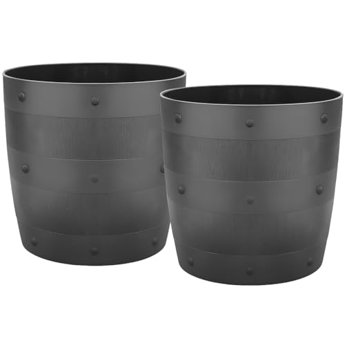 Muddy Hands Pack of 2 Black Plastic Planters - Wooden Barrel Effect Garden Pots - Large 16 Litre Outdoor Flower & Plant Containers for Patio, Decking & Yard
