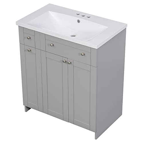 Merax 30" Bathroom Vanity W, Gray Combo Stand Storage Cabinet Set With Square White Resin Sink Top, Grey #TOP5