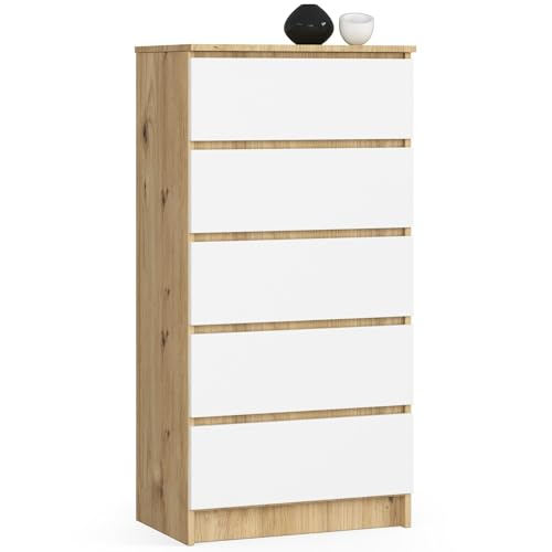 AKORD Kommode K60 mit 5 Schubladen | für das Wohnzimmer Schlafzimmer Schrank Büro Arbeitszimmer | Modernes Funktionales Design | B60 x H121 x T40 cm, Gewicht 39kg | Kunsthandwerkliche Eiche | Weiß