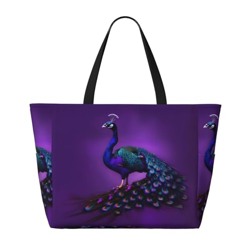 Purple Peacock Pattern Large Capacity Foldable Tote Bag Women Beach Tote Bag Handbag Gym Bag Travel Shopping Bag2