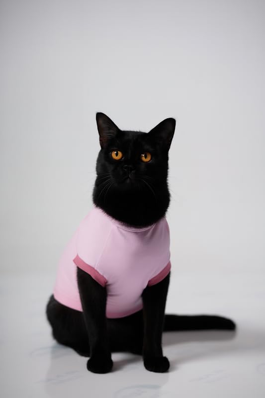 Image of Thunder Tails Printed Cat T-Shirt for Small to Large Cats & Kittens | Lightweight Breathable Cotton Pet Apparel | Cute & Stylish, Comfortable Round Neck Cat Clothes (L, Pink)