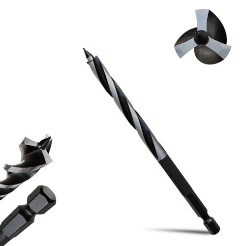 5/166 Professional Auger Drill Bit for Wood with Quick Change 1/4 Hex Shank- 3-Cutter Design with Dual-Flute for Fast Chip Removal Fits Hardwood Softwood PVC Drywall & Tree Stumps