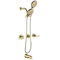 3 Handle Tub Shower Faucet Set Shower System with Tub Spout Bathtub Faucet Set Shower Head Combo Set Complete Tub and Shower Fixtures Valve Trim Kit Brushed Gold