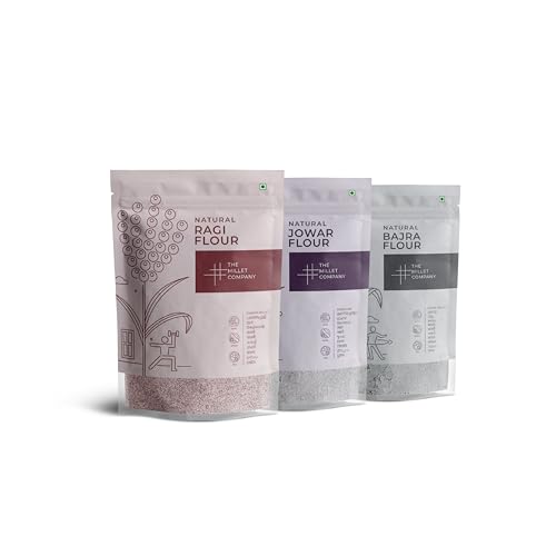 Image of The Millet Company Natural Millet Flour Combo Pack of 3 [250g each], Ragi, Jowar, Bajra Flour, Natural Farm Produce, High Fibre (750)
