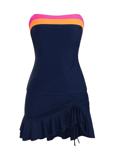 Image of ZAFUL Colorblock Bandeau Tankini Swimsuits for Women 2 Piece Tummy Control Bathing Suit Drawstring Ruffle Swim Skort
