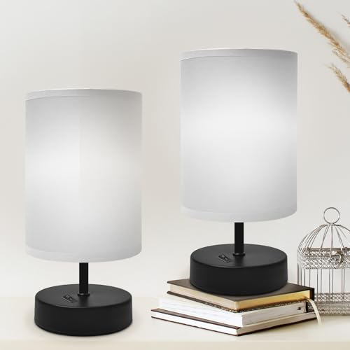 DEGNJU Small Lamp for Bedroom, Bedside Lamps for Night Stands, Mini Minimalist Table Lamp with Round Gray Fabric Shade, 9 Inch Desk Reading Lamp for Dorm Room Living Room Office Room, 2 Pack