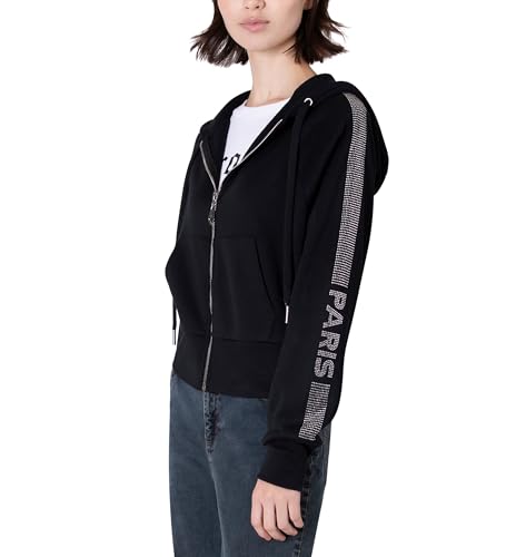 Paris Hilton Women's Sporty Stripe Embellished Zip Up Sweatshirt Hoodie, Black, Medium
