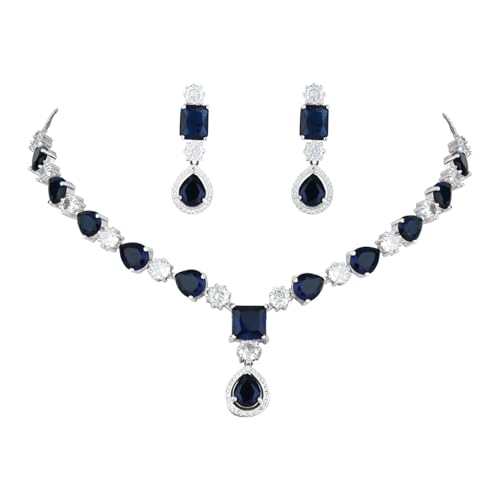 Image of I Jewels Silver Plated Cubic Zirconia American Diamond Valentines Special Necklace & Drop Earrings Jewellery Set for Women