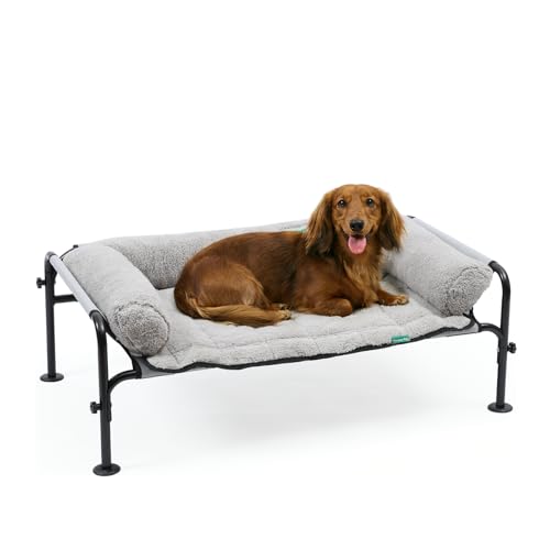Gardner Pet Letto Rialzato per Cani Taglia Grande e Media, Brandina Traspirante da Esterno e Interno, Rete Teslin e Cuscino, Cuccia per Cani Quattro Stagioni, Struttura in Metallo Robusta- Grigio, S