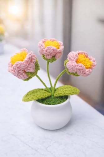 Image of VRB DecTM 1 Pcs Crochet Flowers Artificial Daisy for Office Desk Car Dashboard Decor,Home Decoration, Office, Bedroom, Christmas Decor, Wedding,Diwali (Single Pink Daisy with Pot)