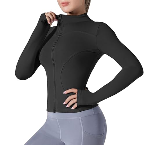 Jetjoy Womens Running Jackets Long Sleeve Gym Tops Full Zip Up Workout Jacket With Thumb Holes Slim Fit Sport Jacket for Women Gym Wear Clothes