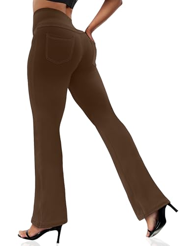 VOOVEEYA Women's Bootcut Leggings - Bootleg Yoga Pants Flare with 4 Pockets,Tummy Control High Waisted Casual Dress Pants, Bootcut-dark Brown, Small