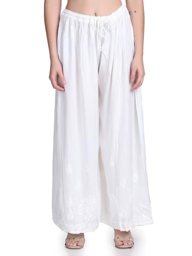 Image of Khaka Women's Lucknowi Chikankari Handwork Cotton Palazzo | Soft Cotton Fabric | Free Size Fits Waist 26-46 Inches | White