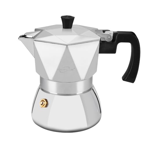MVPLUE Rich Crema Moka Pot，Double Valve Induction Coffee Maker，Italian Stovetop Espresso Maker，2 Espresso Shots 100 ml，Silver