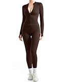 SUUKSESS Women 2 Piece Seamless Ribbed Workout Sets With Zip Up Jacket High Waisted Gym Yoga Leggings (Brown,S)