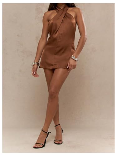 Image of SOLY HUX Women's Satin Halter Mini Cocktail Party Dress | Tie Backless, Criss Cross