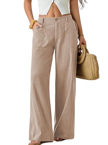 Image of GRECIILOOKS Beige Wide Leg Linen Trousers for Women | High Waist Cotton Baggy Korean Style Casual Pants | Comfortable Formal & Casual Women Trousers
