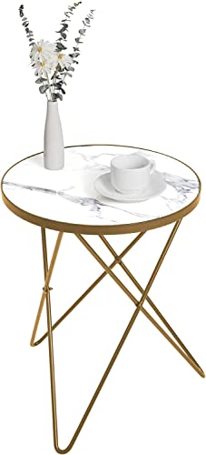 Akifi Craft Modern Round Side Table End Table with Marble Top and Gold Metal Frame, Small Side Table for Living Room, Bedroom Sofa and Couch Gold Leg Green Marble top (White Marble/Gold, Pack/1)
