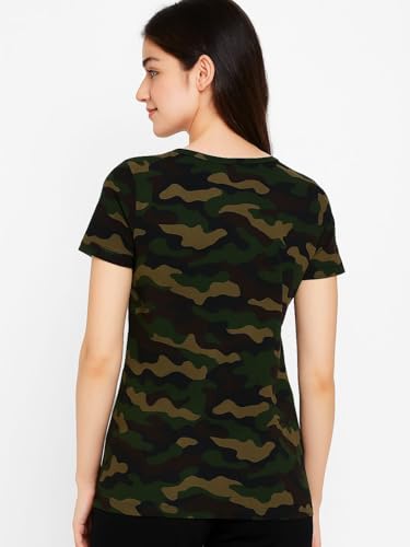 Image of LEOTUDE Half Sleeve Regular Fit Tshirt for Women, Round Neck Half Sleeves Military Printed Tshirt Tops for Women